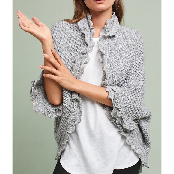 Anthropologie Moth Rocia Sweater Cardigan Small gray ruffles wool - Picture 1 of 13